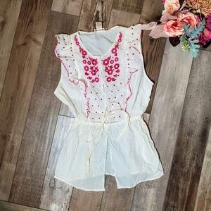 Voice Ruffle Floral Embroidered Sleeveless Button Down Peplum Tie Top Size Small